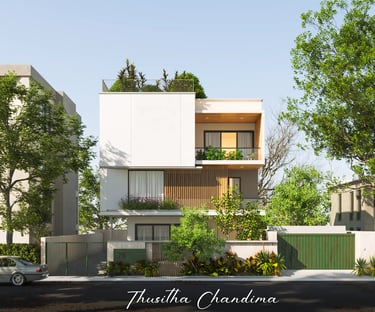 Clean white modern villa surrounded by trees and garden areas presented in a photorealistic 3D architectural render.