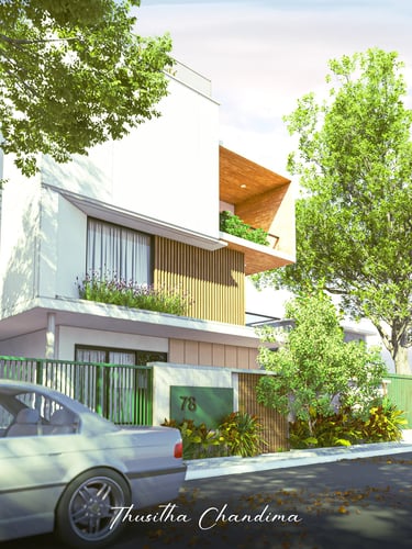 Multi level modern home with large balconies, white facade and lush green environment displayed in a detailed 3D exterior vis