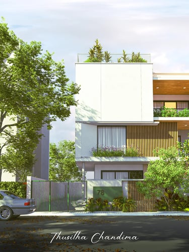 Contemporary multi level villa with white geometric structure, large windows and surrounding greenery created as a high quali