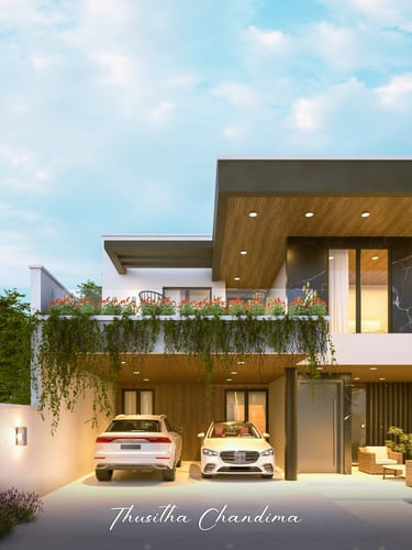 Modern luxury house exterior with extended wooden roof, two car parking space and warm ambient lighting shown in a photoreali