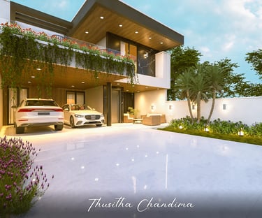 Upscale residential exterior with dramatic wooden roof design, warm sunset lighting and greenery created in 3D.
