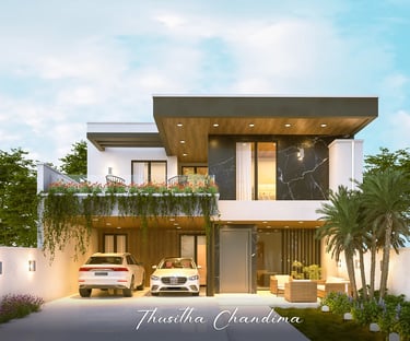 Elegant modern villa featuring wooden accent panels, large windows and lush landscaping shown in a realistic 3D render.