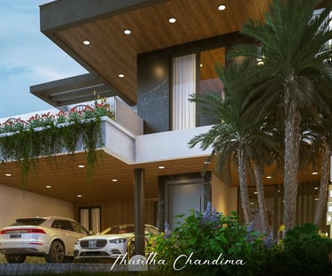 Stylish two story house with extended overhang roof, modern materials and landscaped surroundings created as a 3D architectur