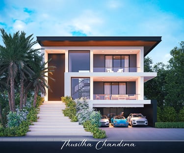 Contemporary villa exterior with palm trees, layered architecture and warm morning lighting displayed in a detailed 3D visual