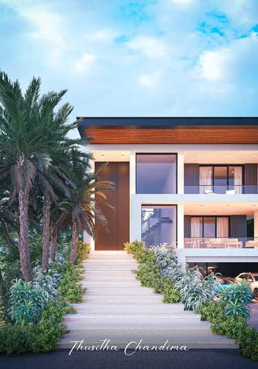 Luxury mansion exterior with palm trees, elevated entrance steps and clean symmetrical architecture created as a high quality