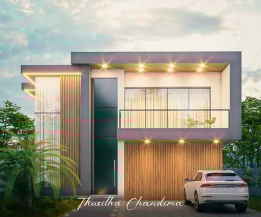 High end modern villa with wooden facade elements, large windows and minimal landscape features shown in a detailed 3D visual