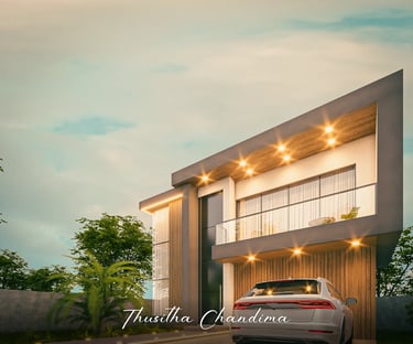 Modern residential building featuring warm exterior lighting, wooden textures and expansive windows created in a realistic 3D