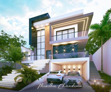 Bright modern villa exterior featuring a  tropical trees anclear sky lightingd  created as a high quality 3D re