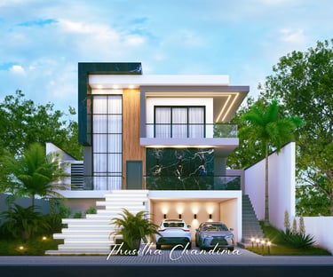 Compact modern home with vertical architectural elements, green plants and clean geometric lines shown in a 3D exterior rende
