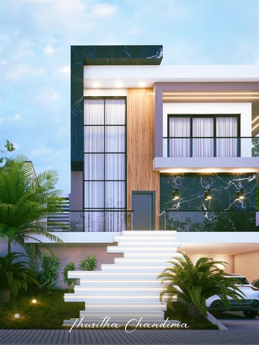 Modern multi level house with balcony, clean white walls and landscaped front yard presented in a realistic 3D exterior rende