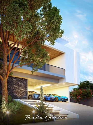 Contemporary luxury villa featuring a tall glass facade, warm lighting and surrounding greenery shown in a high quality 3D re