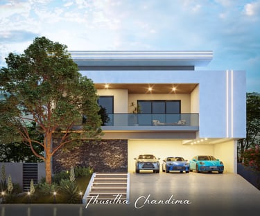 Modern residential exterior featuring a car porch, clean architecture and landscaped greenery presented in a photorealistic 3