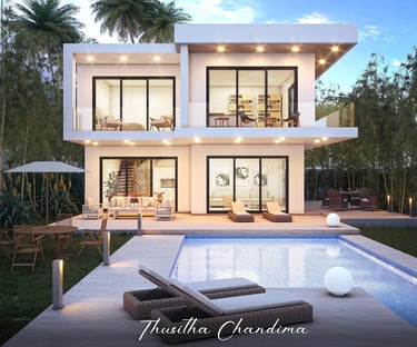 Stylish luxury house exterior with illuminated windows, pool reflections and tropical surroundings rendered in 3D.