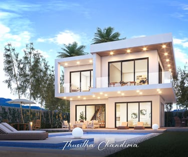 Modern luxury villa exterior with large glass windows, swimming pool and palm trees captured in a photorealistic 3D architect