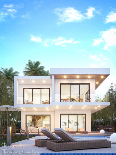 Sleek two level villa design with spacious balconies, swimming pool and minimalistic exterior details created in 3D.