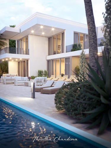 Elegant modern villa with white facades, outdoor pool and landscaped garden shown in a detailed 3D exterior render.