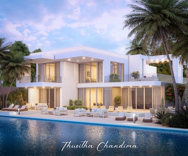 Contemporary two story villa with clean lines, outdoor pool and warm evening lighting created as a high quality 3D exterior v
