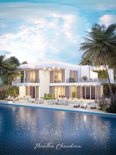 Large contemporary villa with an infinity pool, palm trees and warm sunset lighting shown as a photorealistic 3D exterior vis