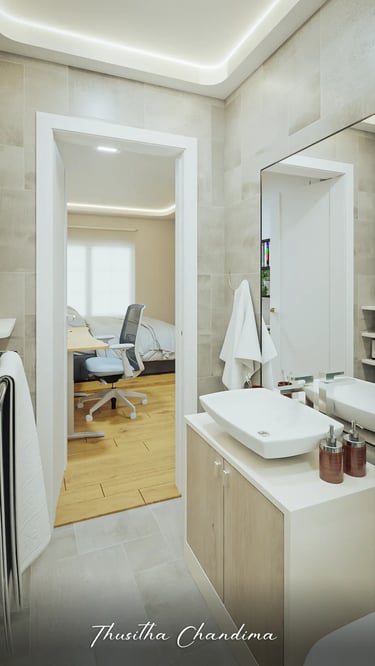 Modern bathroom with vanity and mirror reflecting a cozy bedroom — clean and realistic interior visualization.