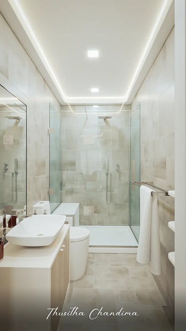 Elegant bathroom interior with glass shower, white vanity, and warm ceiling lights — photorealistic 3D render.