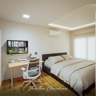 Cozy bedroom with integrated workspace and soft ambient ceiling lights — photorealistic 3D render.