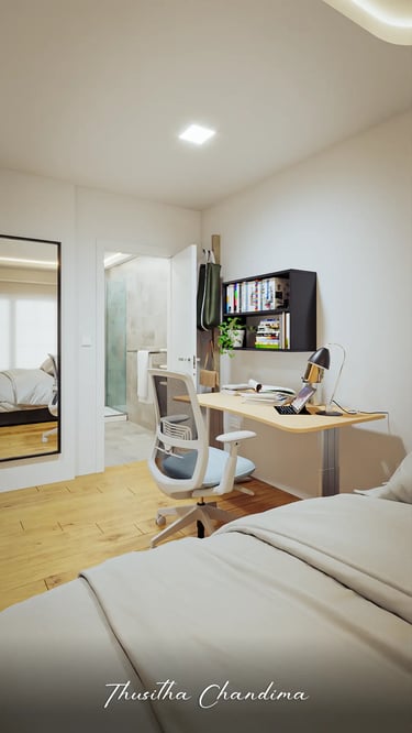Vertical interior render showing a modern bedroom and study corner with bright ambient lighting.