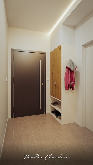 Minimal apartment entrance hallway with warm lighting and clean modern walls — interior render by Thusitha3D.