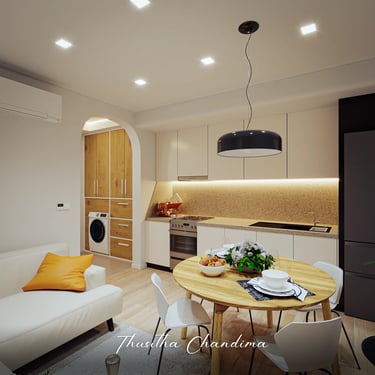 Contemporary living room and kitchen design with yellow cushions and wooden cabinetry — high-quality apartment render.