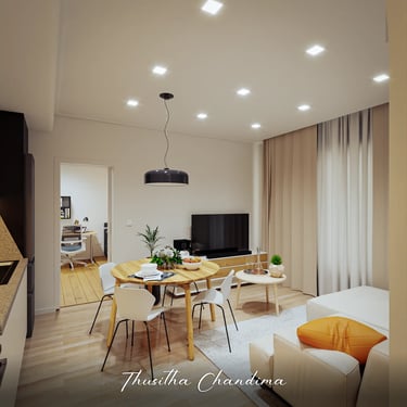 Stylish dining and living room interior featuring beige color palette and soft ceiling spotlights — 3D visualization.