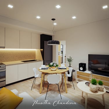 Modern apartment interior with dining table setup, warm lighting, and open kitchen — 3D render by Thusitha Chandima.