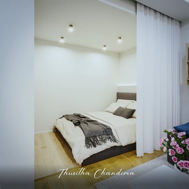 Cozy apartment bedroom with warm lighting and soft curtain partition — photorealistic 3D render for interior design concept.