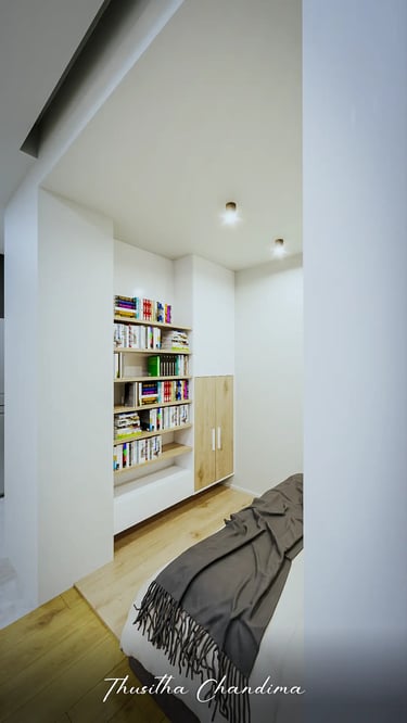 Minimalist apartment hallway interior with built-in bookshelf and soft ceiling lighting — professional 3D architectural visua