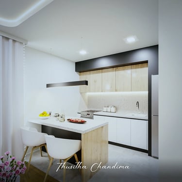 Sleek apartment kitchen interior featuring white counters, wooden textures, and a compact dining space — photorealistic rende