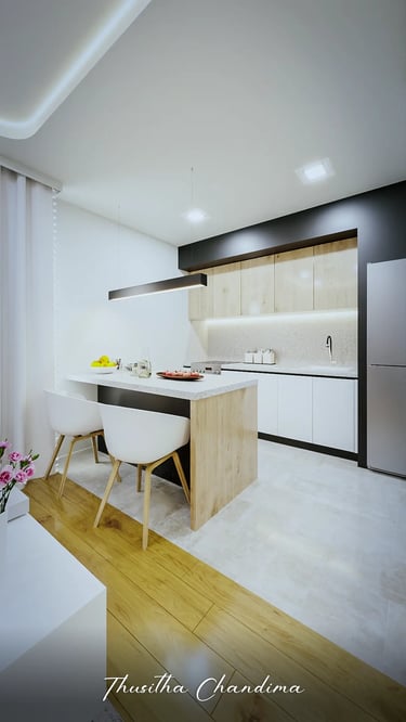 Modern apartment kitchen and dining area with wooden flooring, white cabinetry, and warm accent lighting — high-quality 3D in