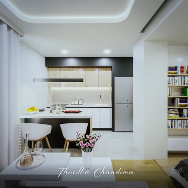 Bright and modern kitchen interior with dining setup, white cabinets, and ceiling cove lighting — apartment 3D render by Thus