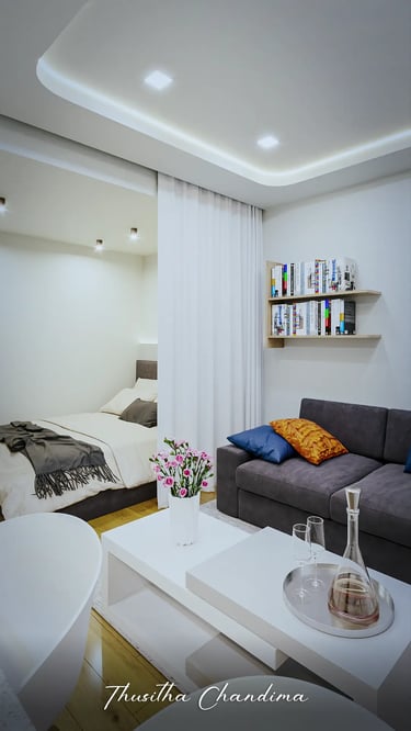 Compact apartment interior showing living room and bedroom combination with cozy lighting — architectural visualization by Th