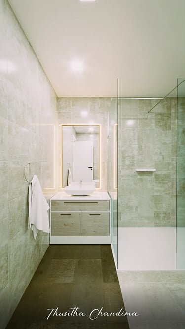 Bright apartment bathroom with a vanity mirror, sink and warm lighting, shown as a photorealistic interior visualization by T