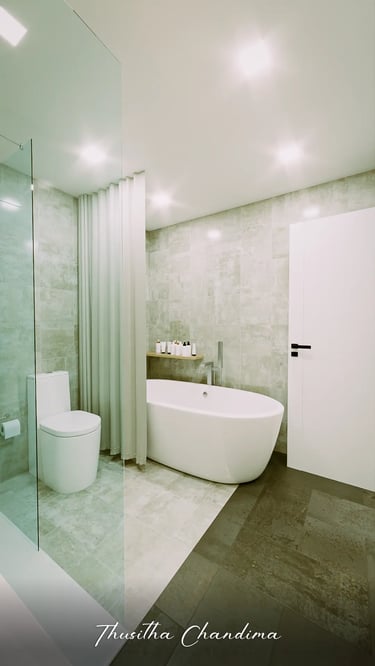 Elegant bathroom interior featuring a glass shower partition, toilet and soft ambient lighting, created as a modern 3D render