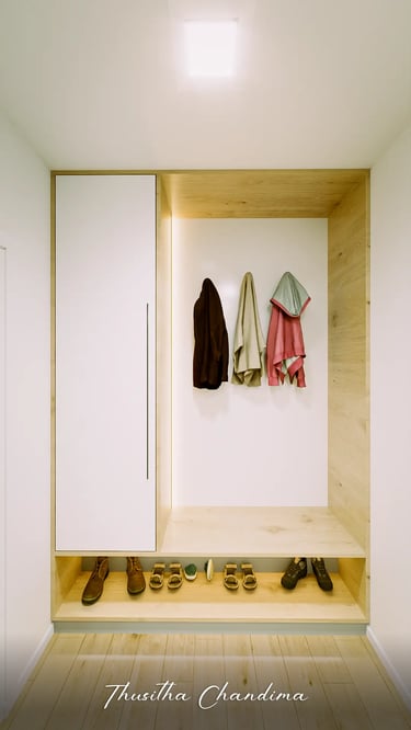 Modern apartment entrance area with a built in closet, lighting niche and coat hangers, created as a 3D architectural interio