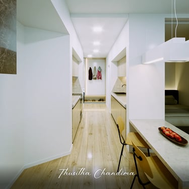 Minimalist apartment hallway with a wooden flooring that leads toward the living room, shown as a photorealis