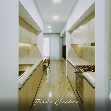 Modern apartment kitchen hallway featuring a long countertop and integrated storage, shown in a clean and bright 3D interior