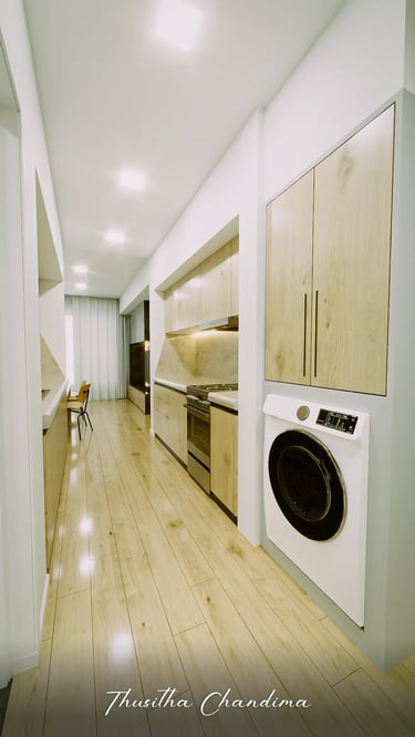 Narrow apartment kitchen corridor with a washing machine, storage cabinets and warm overhead lighting, shown as a realistic 3