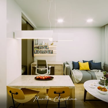 Cozy dining area with modern lighting and a wooden table setup, created as a professional apartment 3D visualization.