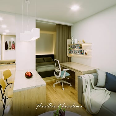 Stylish apartment dining space connected to a modern kitchen with a ceiling mounted lighting feature, presented as a photorea