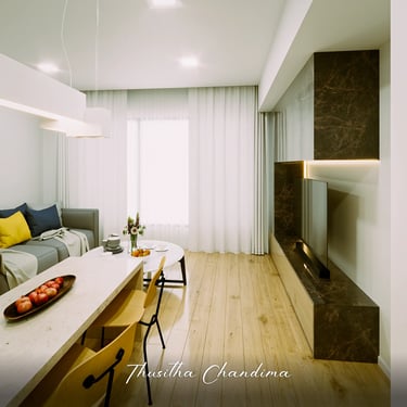 Bright apartment living room with sofa, tall curtains and soft ceiling lighting, designed as an architectural interior render