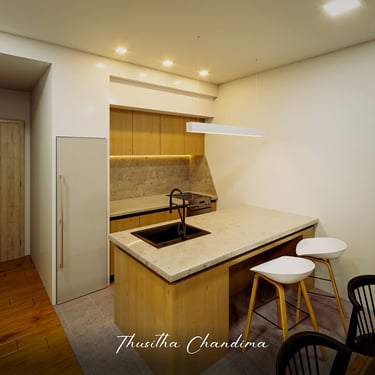 Clean minimalist apartment kitchen with modern cabinetry, warm lighting and a compact working area created as a realistic int