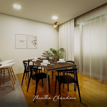 Elegant dining area with wooden table, indoor plants and large window curtains shown in a bright and detailed 3D apartment re