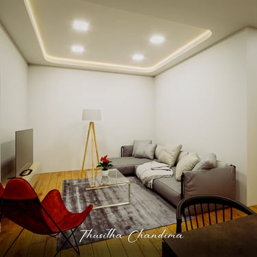 Cozy apartment living room with soft ceiling lights, grey sofa and wooden flooring presented as a photorealistic architectura