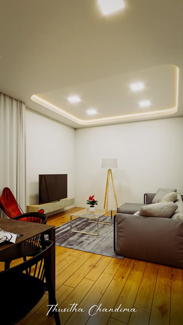 Modern kitchen and dining interior with accent lights, wooden textures and comfortable seating designed as a realistic 3D vis