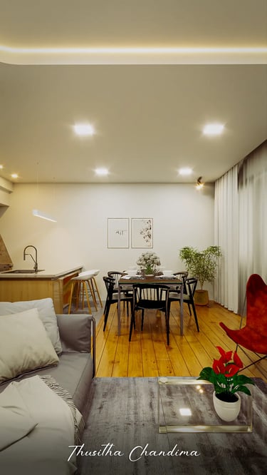 Open layout dining and living room interior featuring wooden flooring, cozy seating and warm ambient lighting created as a mo